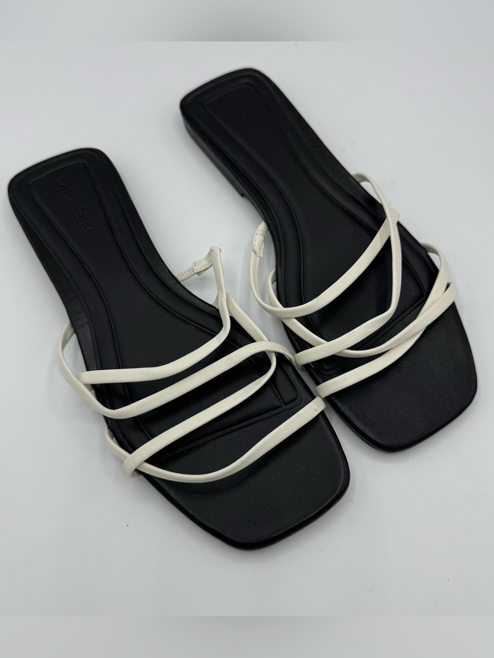 Open Edit Nordstrom NEW black & white Korva Slide Sandals Square Toe size 7 luxe